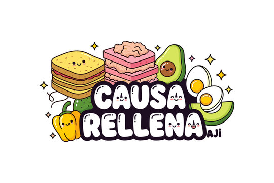 Cute cartoon causa rellena with avocado and boiled eggs - kawaii food delight