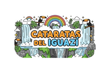 Colorful design of iguazu falls with toucans and rainbow