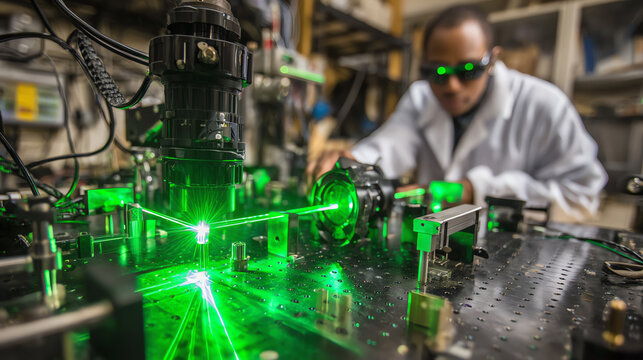 A scientist working in a lab, conducting experiments with a green laser and advanced equipment.