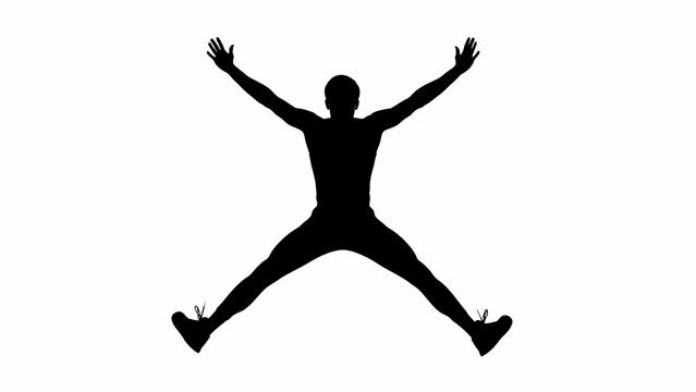 Silhouette of a man in a jumping jack position against white.