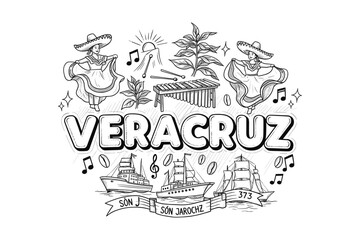 Veracruz culture illustration with dancing figures and traditional elements