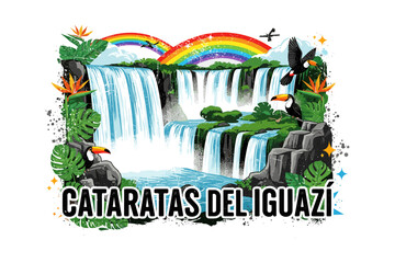 Colorful iguazu falls with toucans and rainbow in vibrant nature scene