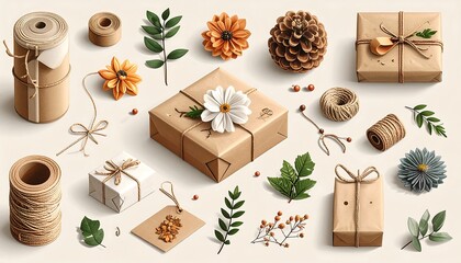 Rustic Gift Wrapping Supplies and Natural Elements Flat Lay.