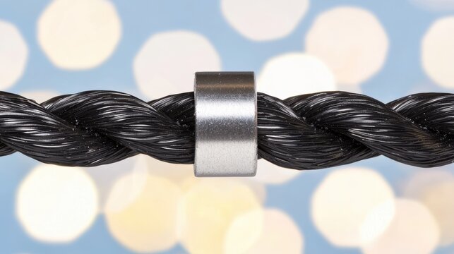 A black rope with a silver ring on it.