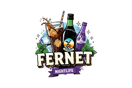 Fernet nightlife beverage art with cocktail glass bottle and mint