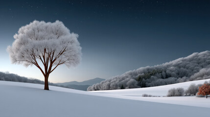 Snowy landscape night calm tree winter serene frosty hill peaceful starry sky create tranquil winter scene with frosted trees clear night sky