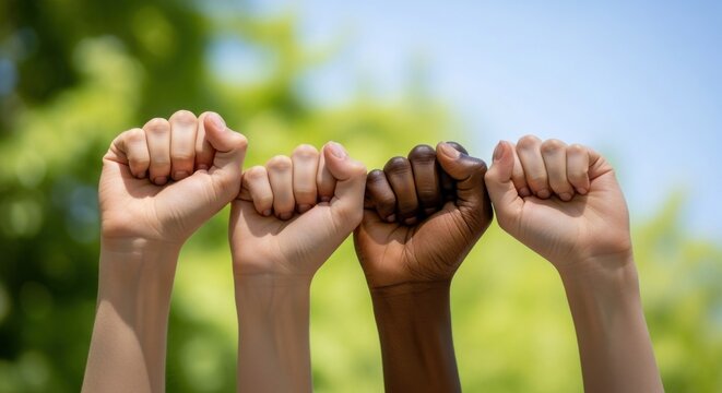 Four diverse hands making pinky promise in solidarity outdoors