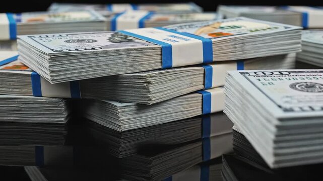 Stacks of bundled hundred dollar bills