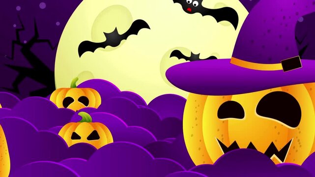 Cartoon Halloween Night Background with Smiling Pumpkins and Flying Bats