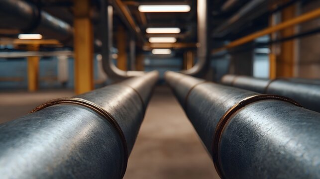 Parallel industrial pipes extending into the depth of a factory corridor