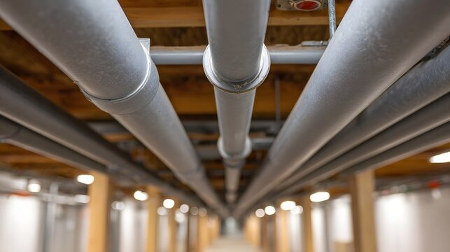 A perspective view of parallel gray industrial pipes running along a wooden ceiling in a building s interior