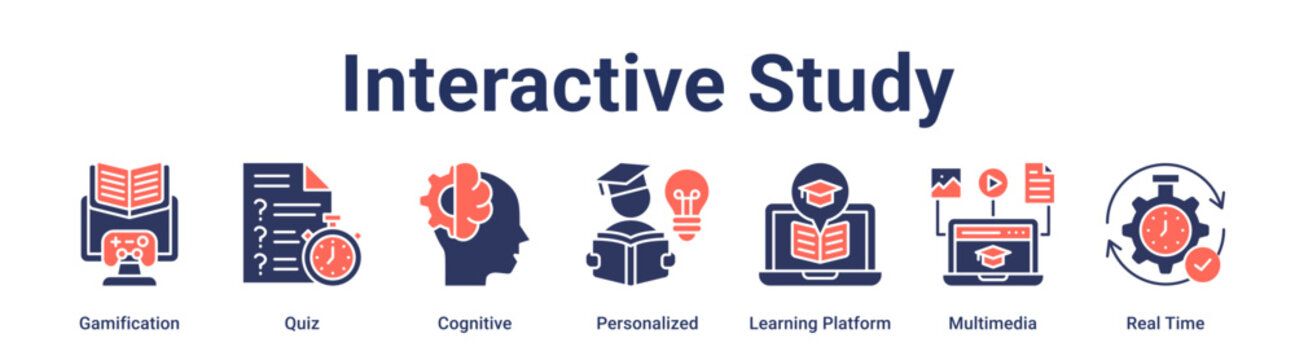 Interactive Study banner web icon vector illustration concept for education with icon of Gamification, Quiz, Cognitive, Personalized, Learning Platform, Multimedia, Real.