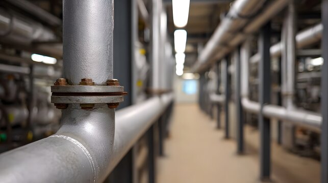 Industrial facility corridor with prominent parallel metal pipes and overhead lighting