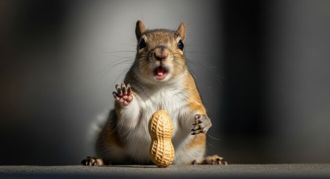 Eastern Gray Squirrel reaching for a peanut with paws outstretched, surprised expression, dark background