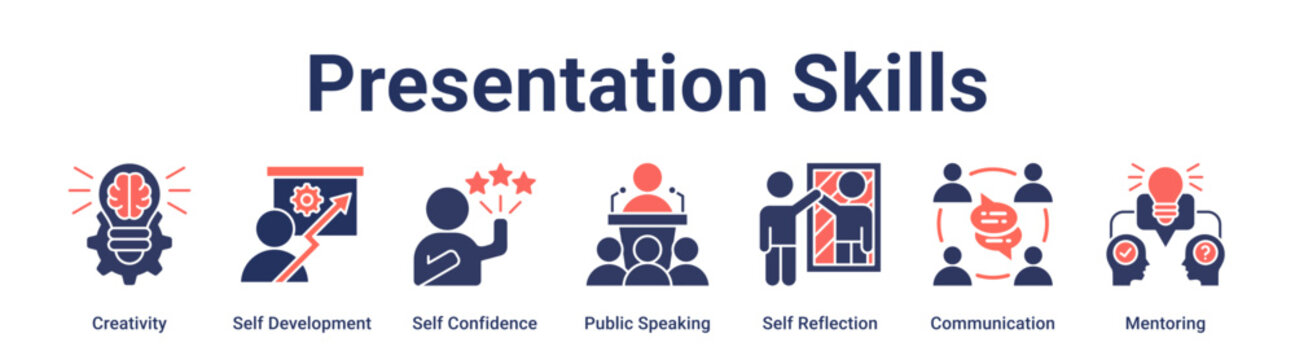Presentation Skills banner web icon vector illustration concept for education with icon of Creativity, Self Development, Self Confidence, Public Speaking, Self Reflection, Communication.