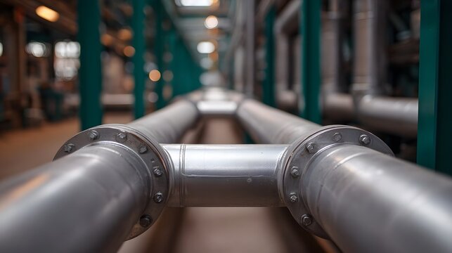 Close up view of industrial metal pipes with flanges and a T junction in a factory setting