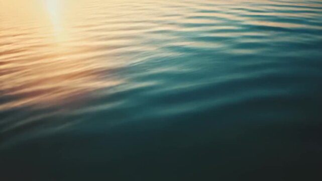 Water ripples reflecting the golden sunlight create a soothing gradient of warm orange to deep blue, forming a tranquil abstract background for concepts of nature, calmness, and environment