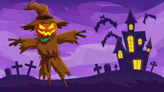 Halloween Spooky Scarecrow Pumpkin Head Haunted Mansion Background Vector