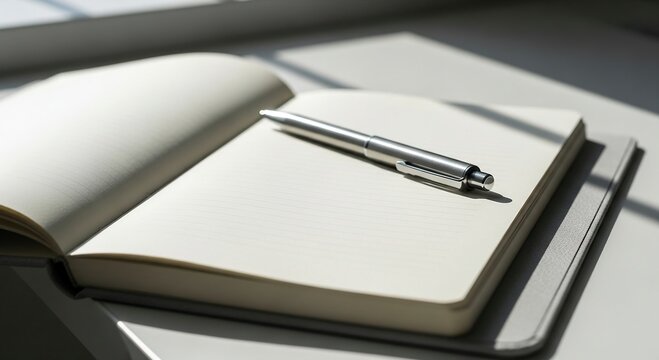A pen lies on an open notebook on a white desk near a window with natural light casting shadows