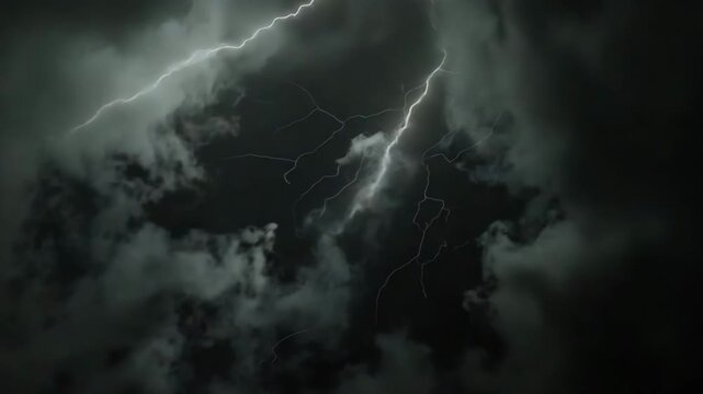 Scary bright electric lightning bolt with branches in night dark sky