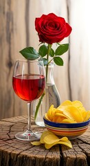 Red Wine with Rose Flower and Crispy Potato Chips &ndash; Elegant Aesthetic Food Photography
