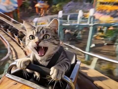 Hysterical cats strapped into a speeding wooden roller coaster car, the front cat in extreme close-up screaming with wide eyes while the track dives and twists, background streaking