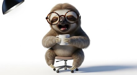 Obraz premium Cute 3D sloth character wearing glasses and holding a coffee mug on an office chair