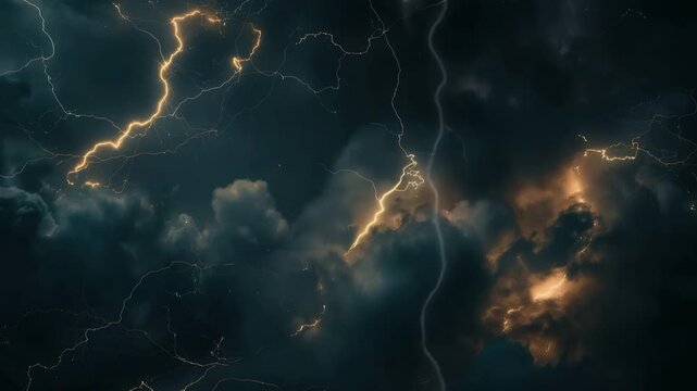 Scary bright electric lightning bolt with branches in night dark sky