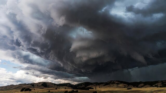Dramatic thunderstorm clouds looming over rolling hills and open landscape.
