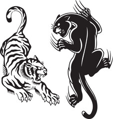 Powerful black and white tribal tattoo vector illustration of a wild lion head silhouette with feline eyes for an animal logo design