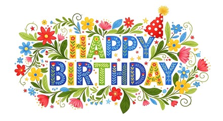 Happy Birthday Floral Typography Illustration with Colorful Flowers and Party Hat
