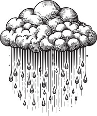 Black texture and nature design featuring a vector illustration of rain clouds with line art patterns and floral shapes