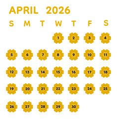 April 2026 luxury floral calendar template designed with gold flower-shaped date elements and bold black numbers centered inside each day on transparent background 