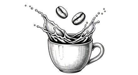 Hand drawn coffee cup splash with beans engraving style