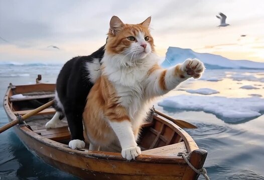Steady cinematic shot of two fluffy cats on a small wooden boat in icy ocean waters, the ginger cat standing at the bow with paws outstretched as the black-and-white cat moves in to hug from behind