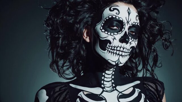 Woman with intricate skeleton face paint in dark artistic portrait