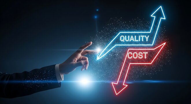 Businessman touching quality up cost down graph