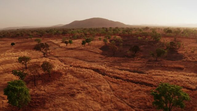 Aerial Drone View of Rural Talensi District Landscape with Dry Savanna and Farmland, Northern Ghana