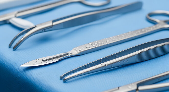 Close-up of surgical instruments on a blue surface, viewed from above, showcasing medical tools