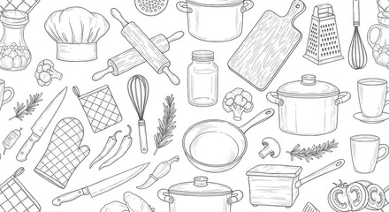 Hand drawn kitchen utensils and food ingredients seamless pattern