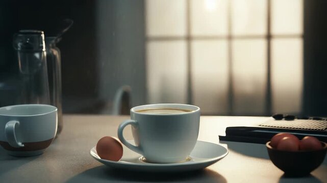 Coffee cup and saucer with a raw egg on a table, hands placing fresh eggs in a small bowl as soft morning light highlights a simple, healthy breakfast scene