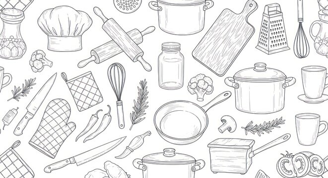 Hand drawn kitchen utensils and food ingredients seamless pattern