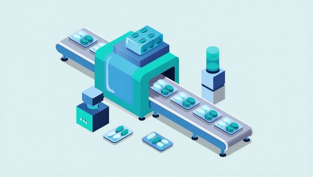 Flat vector illustration of a pharmaceutical production line featuring tablets on a conveyor belt and machinery. Medical manufacturing concept.