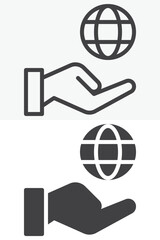 Hands holding globe and leaves in different style icon set. Line, outline and solid icon with editable stroke vector sign and symbol. Environmental protection icon for ecology and care icon.