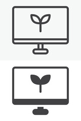 Computer monitor with plant leaf in different style icon set. Line, outline and solid icon with editable stroke vector sign and symbol. Eco computer icon for green technology and ecology icon.