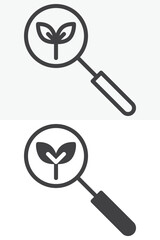Magnifying glass analyzing plant in different style icon set. Line, outline and solid icon with editable stroke vector sign and symbol. Plant analysis icon for research, ecology and science icon.