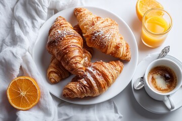 Top view of breakfast scene with croissants coffee and orange juice on white table