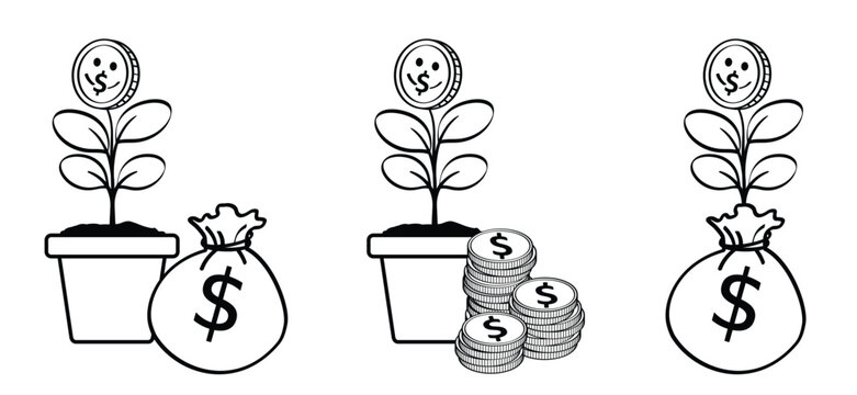 Cartoon dollar, cha-ching. Money tree. Funding icon. Passive income and growing money symbol.  Business, asset management concept. Plants growing and coins. Financial growth.