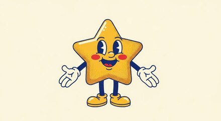 Happy yellow star cartoon character with retro vintage style
