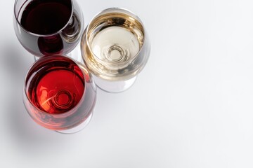 Wine glasses with red and white on white background